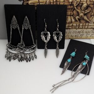 Luxe Silvertone Earring Bundle: Artisan, Feather & Turquoise Set Of Three Pair